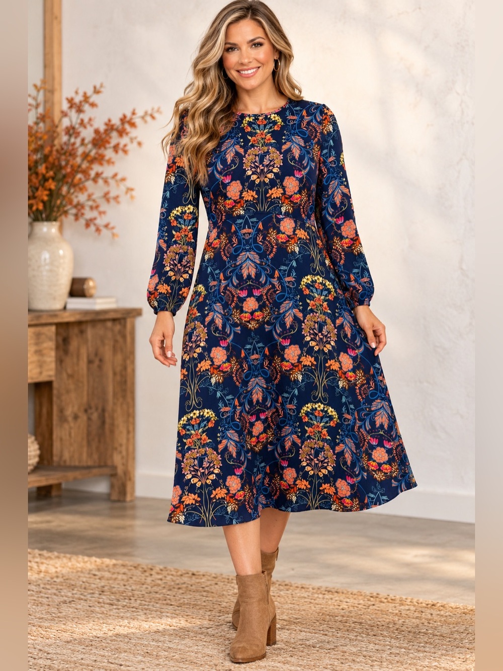 I. Madeline Navy Floral Long Sleeve Midi Dress NWT